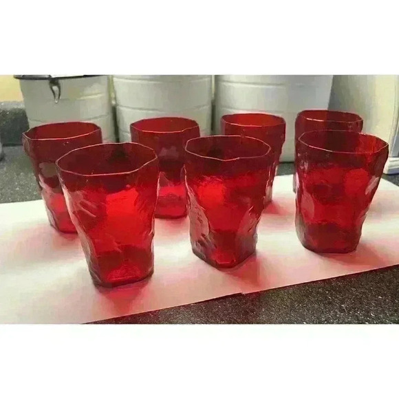 7 Vintage Ruby Red Morgantown Seneca Crinkle Driftwood Juice Mid Century glasses - Picture 3 of 8